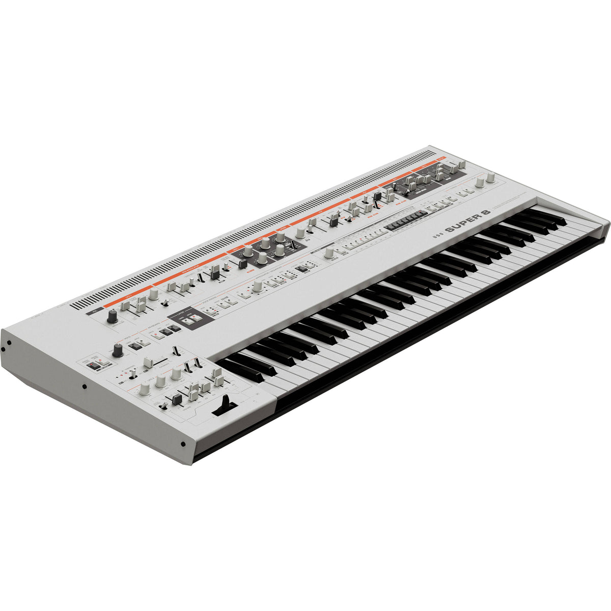 UDO Audio Super 8 synthesizer with vintage-style knobs and keyboard, showcasing its compact, versatile design.