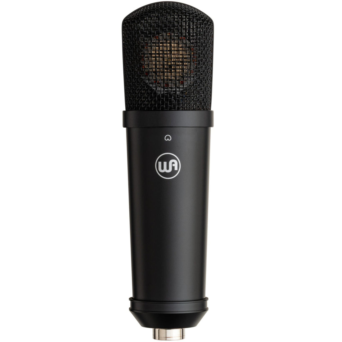 Warm Audio WA-87jr SE condenser microphone in black, front view showcasing its compact design and professional-grade build.