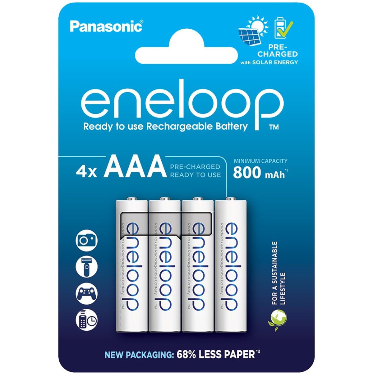 Panasonic Eneloop AAA batteries, 800mAh, set of 4, rechargeable universal batteries for electronic devices.