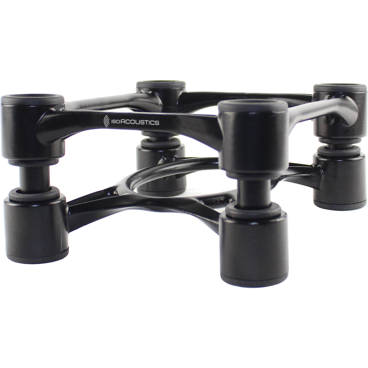 IsoAcoustics Aperta studio monitor stands with sleek black design, supporting speakers for optimal audio performance.
