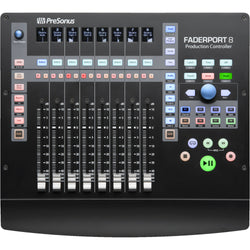 Presonus Faderport 8 DAW controller featuring eight faders and a sleek design for music production.