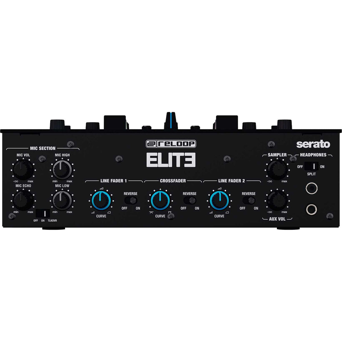 Reloop ELITE DJ mixer with touch-sensitive controls and multiple channels, professional-grade audio interface for DJing.