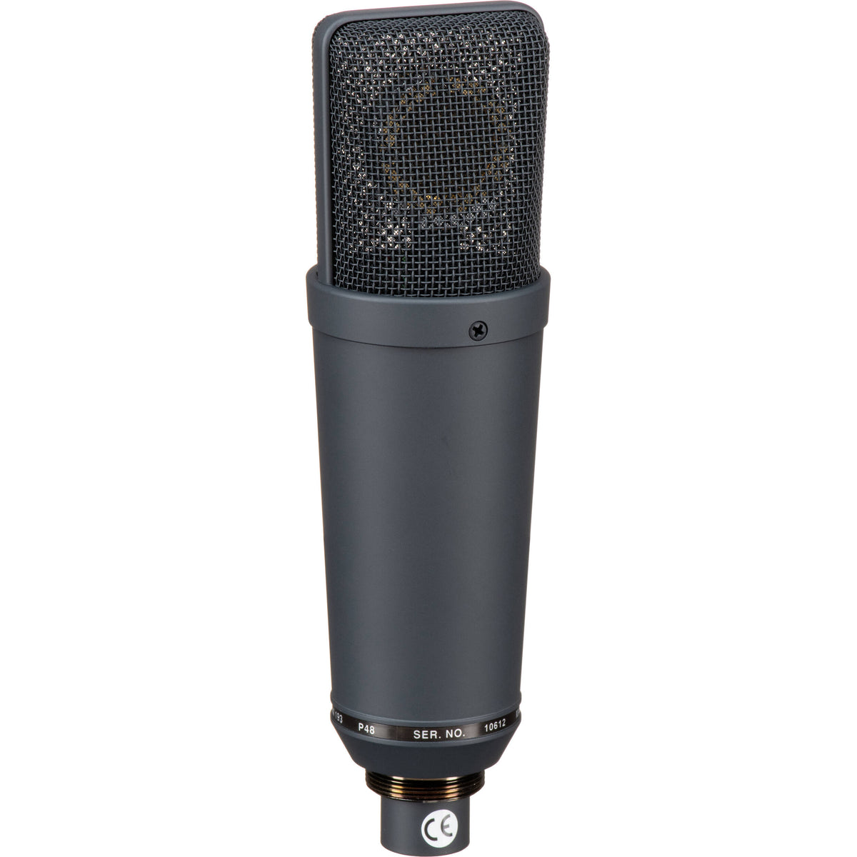 Neumann TLM 193 condenser microphone on a stand, showcasing its sleek design and professional studio recording equipment.