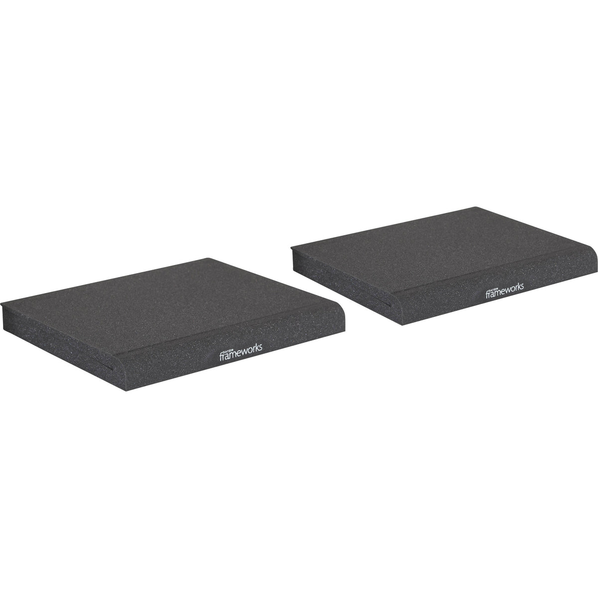 Gator Studio Monitor Isolation Pads on studio monitor stands, reducing vibrations and enhancing sound clarity during audio production.