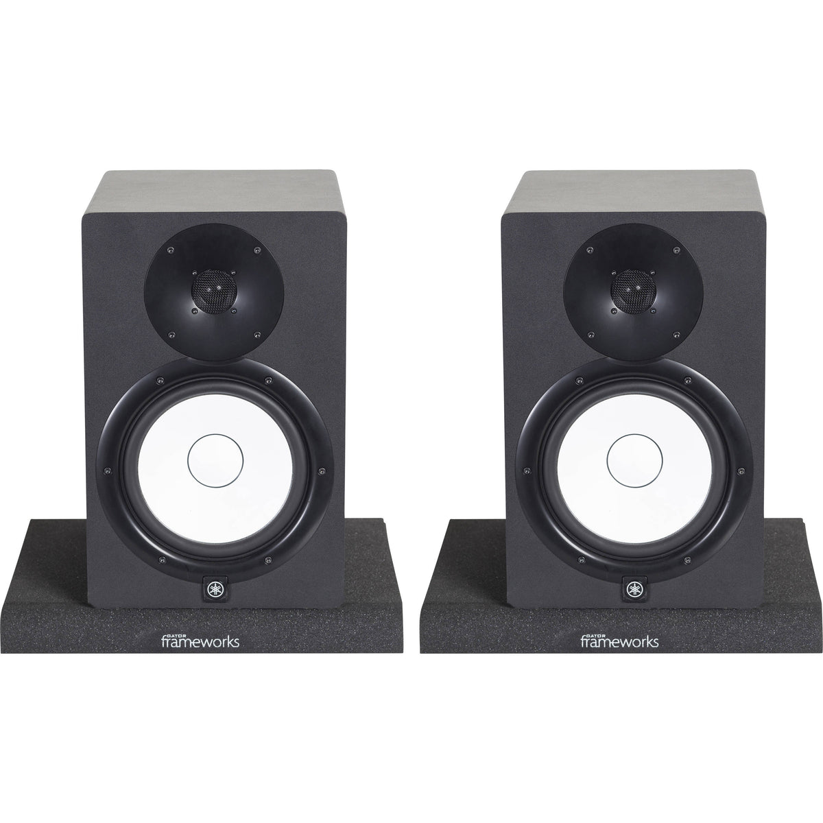 Gator Studio Monitor Isolation Pads on studio monitor stands for improved sound clarity and vibration reduction.