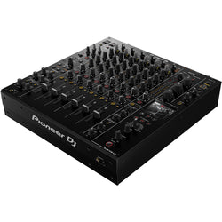 Pioneer DJ DJM-V10-LF professional DJ mixer with multiple channels and large touch screens, black color, detailed control knobs.