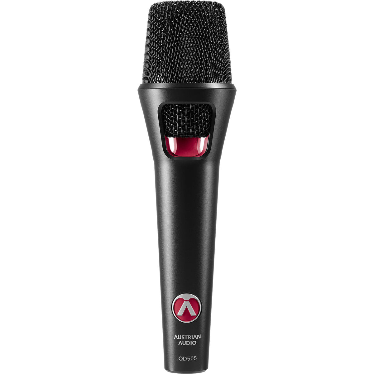 Austrian Audio OD505 dynamic microphone with black body and grille, ideal for studio or live vocal and instrument recording.