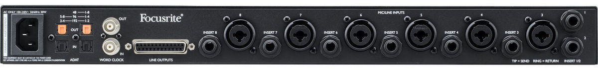 Focusrite Clarett+ OctoPre microphone preamp with multiple input channels and professional audio interface features.
