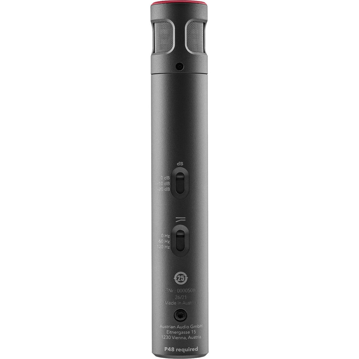 Austrian Audio CC8 condenser microphone with black body and grille, mounted on a stand, ready for professional recording.