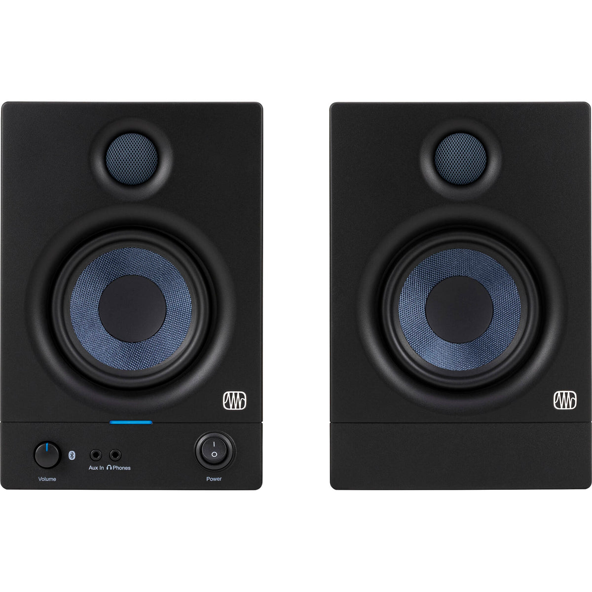 Presonus Eris 4.5 BT 2nd Gen desktop speakers with black finish, compact design, and control knobs on the front panel.