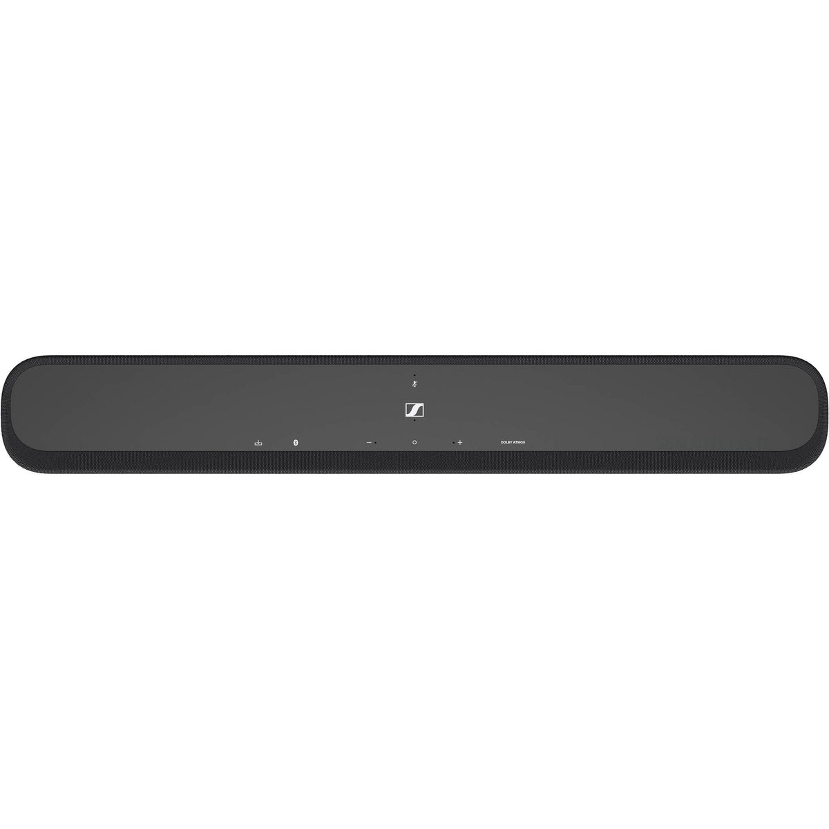 Sennheiser Ambeo Soundbar Mini with sleek black design, compact TV speaker showcasing multiple audio drivers and control buttons.