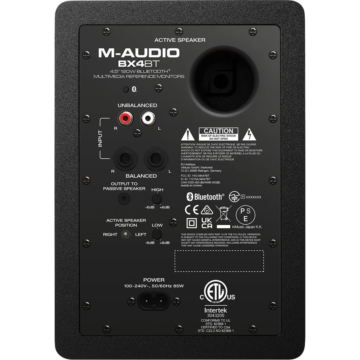 M-Audio BX4 BT desktop speakers with black finish and control knobs on the front panel.