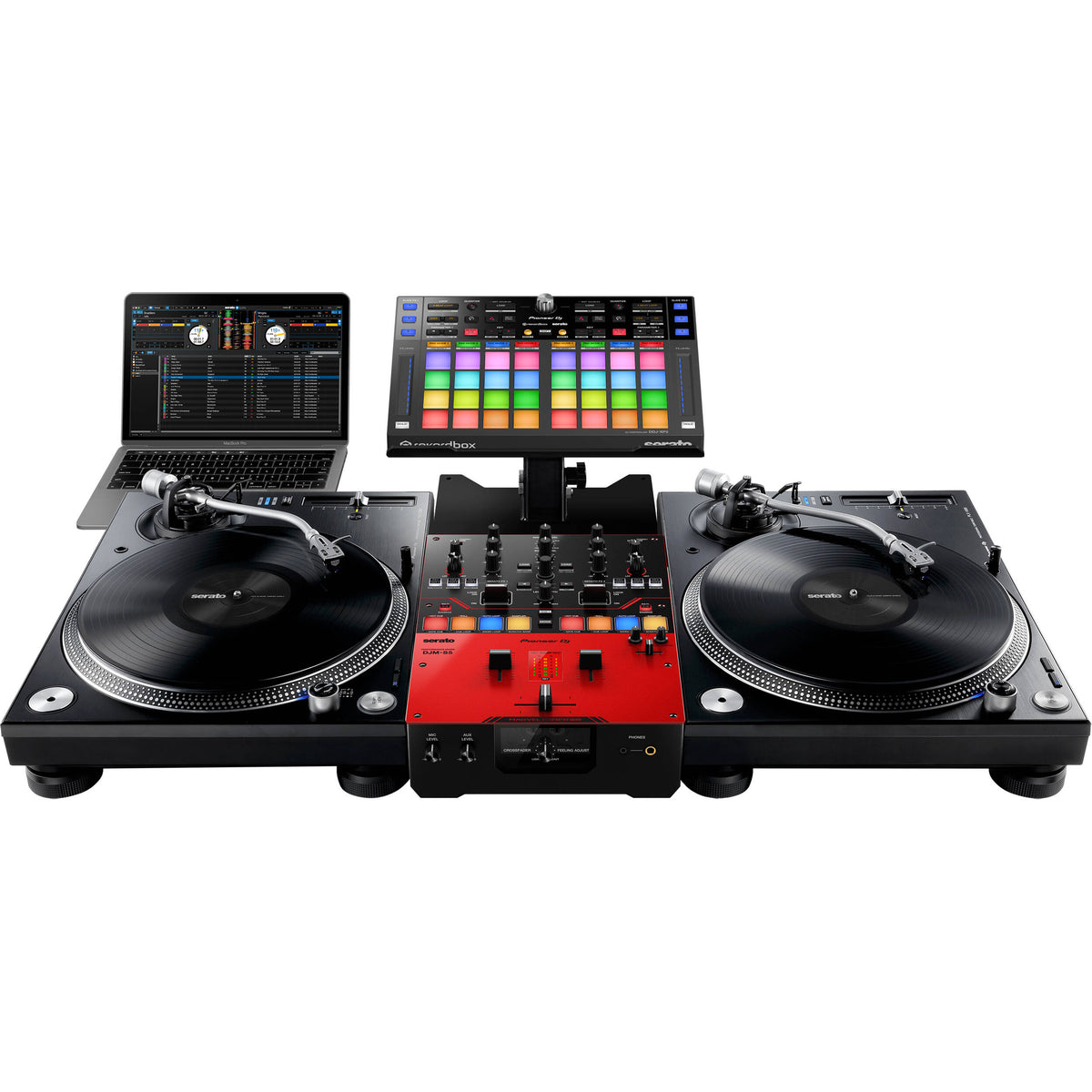 Pioneer DJM-S5 DJ mixer with sleek design, multiple knobs, and colorful LED indicators on a professional setup.