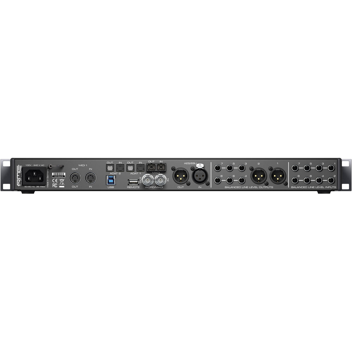 RME Fireface UFX III audio interface showing front panel with multiple input/output connectors and control knobs