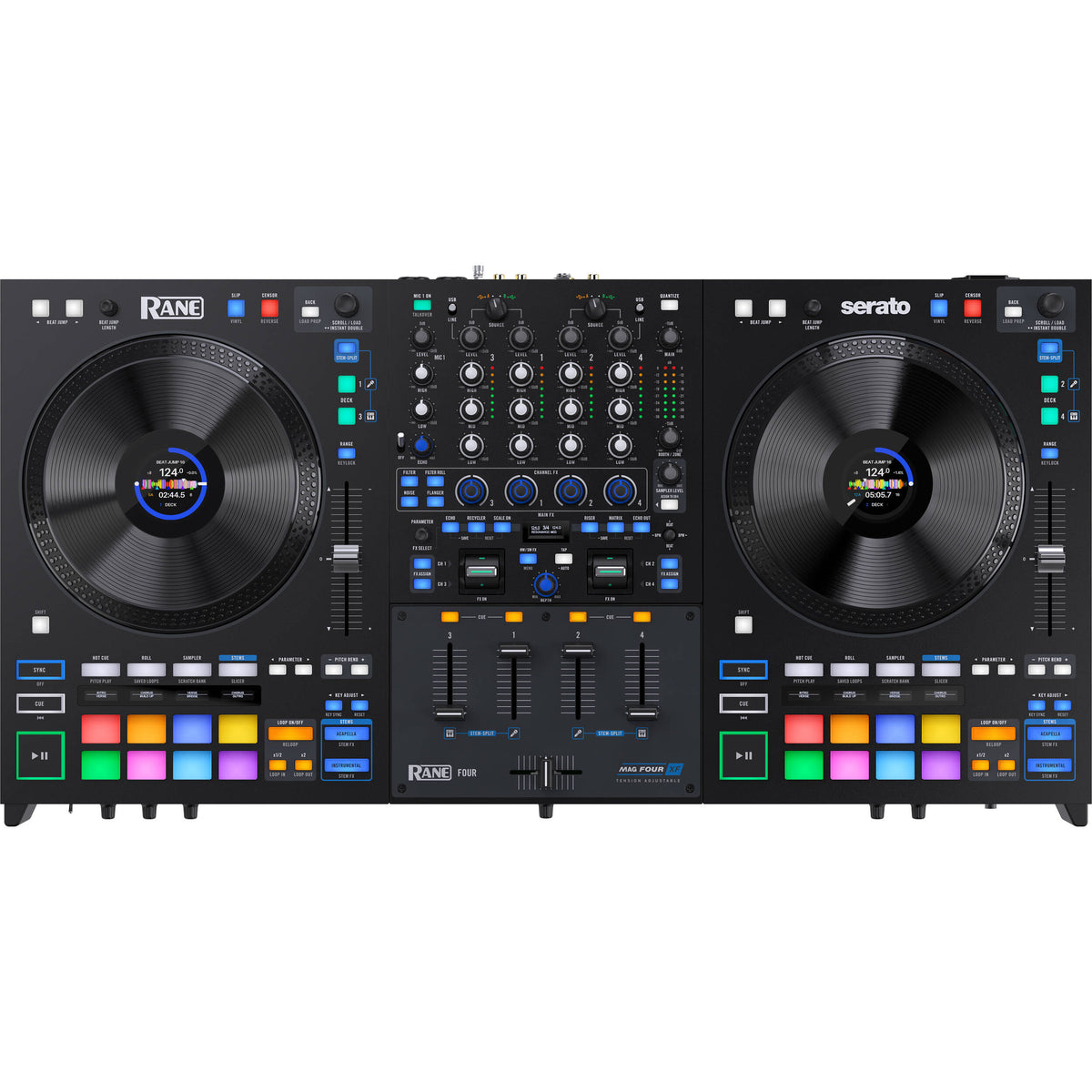 Rane Four DJ controller with touch-sensitive jog wheels, multiple knobs, and performance pads for professional mixing.