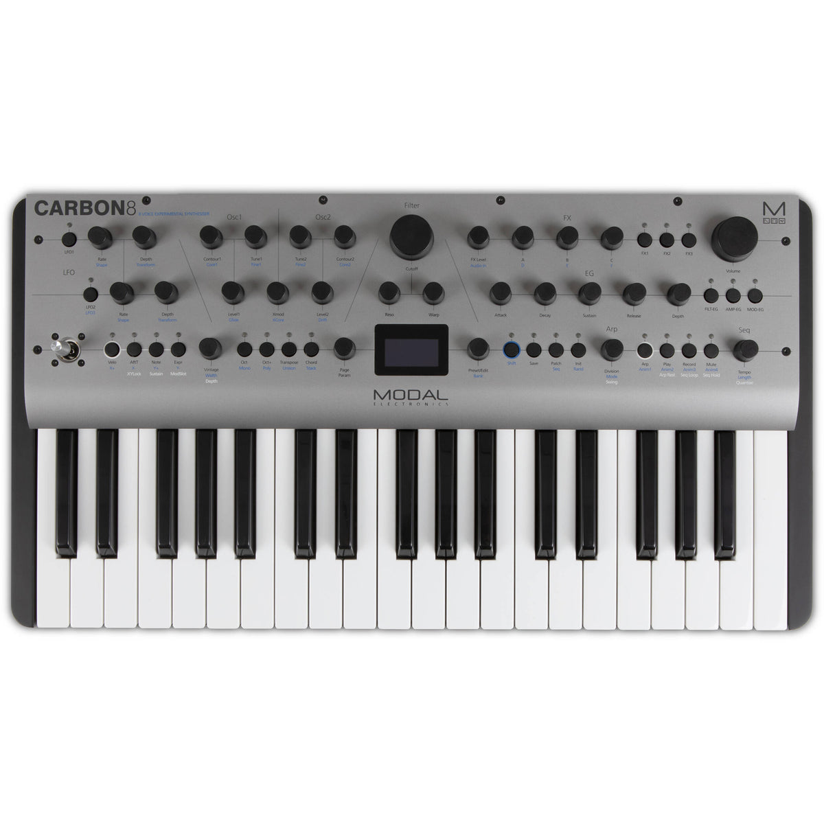 Modal Electronics Carbon8 keyboard synthesizer with black and silver design, featuring control knobs and input/output ports.