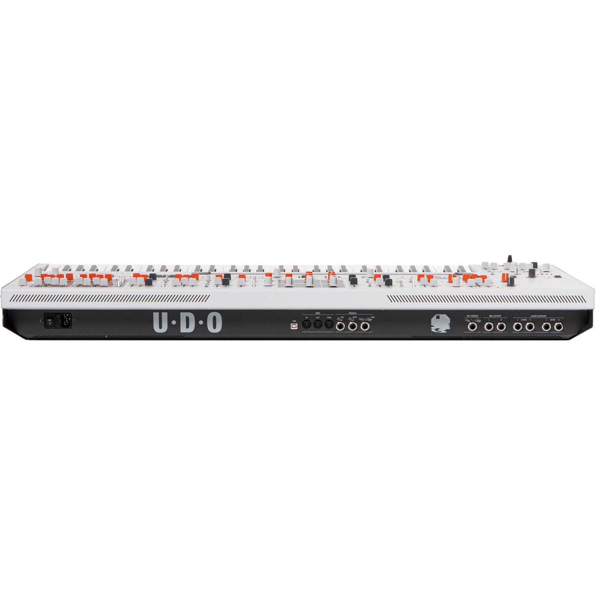 UDO Audio Super Gemini synthesizer with multiple knobs, keys, and control panel, showcasing its vintage-inspired design and features.