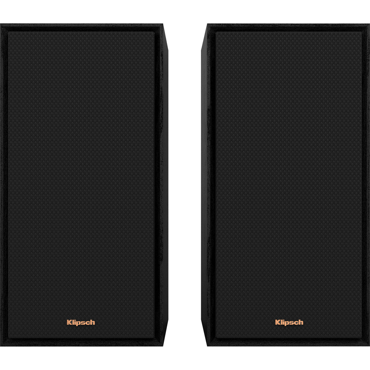 Black Klipsch R-50PM wireless speakers shown with sleek design and front speaker grille, perfect for high-quality audio.