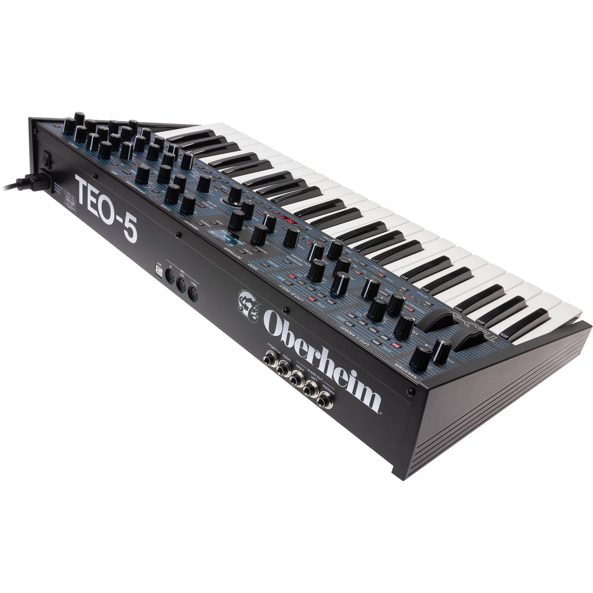 Oberheim TEO-5 synthesizer with multiple knobs and buttons, black control panel, and vintage electronic gear design.