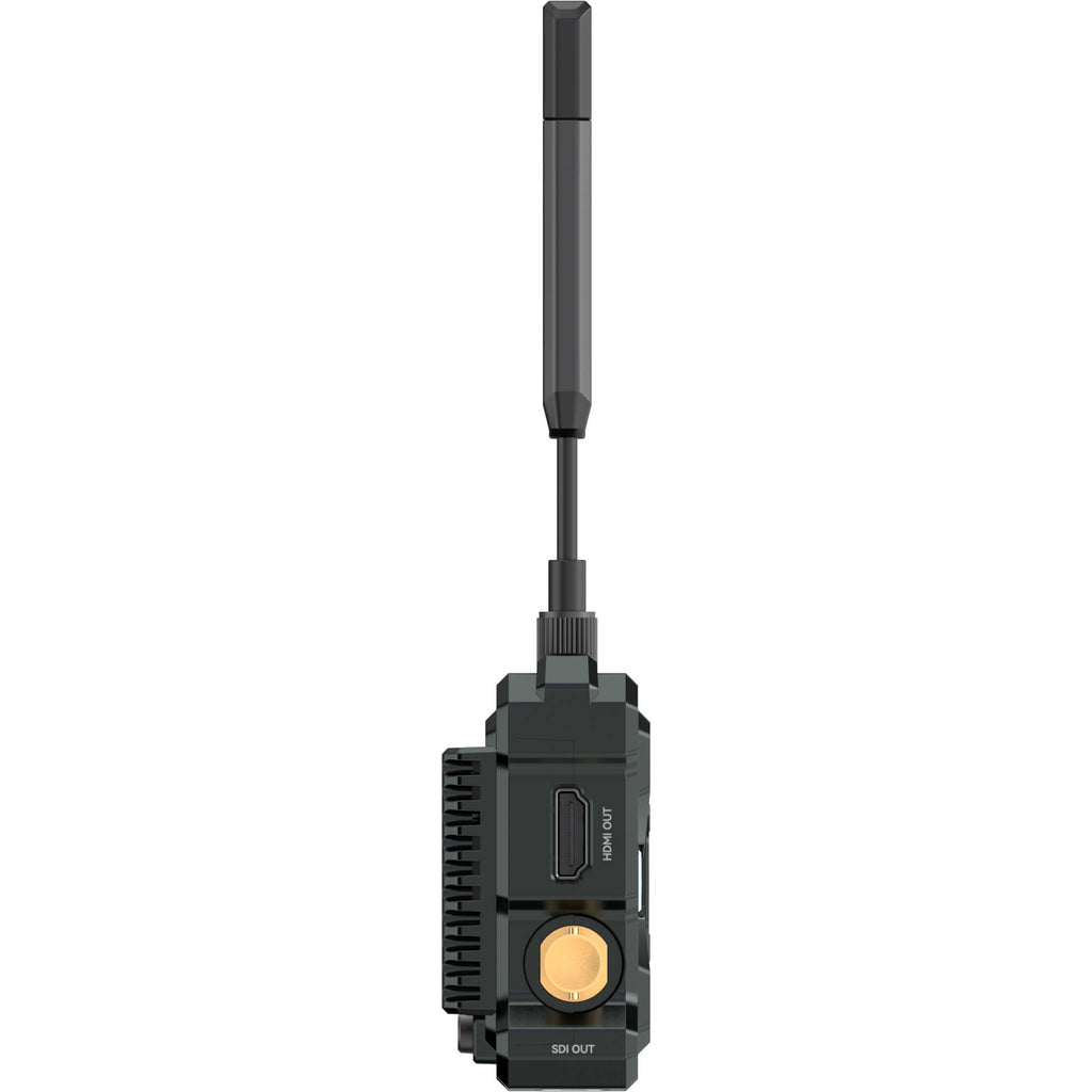 Hollyland Pyro S wireless video receiver connected to a camera, showing its compact design and status indicator lights.