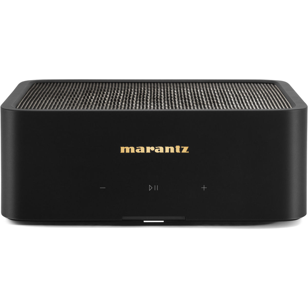 Marantz MODEL M1 music streamer device with sleek design and control buttons, used for high-quality audio streaming.