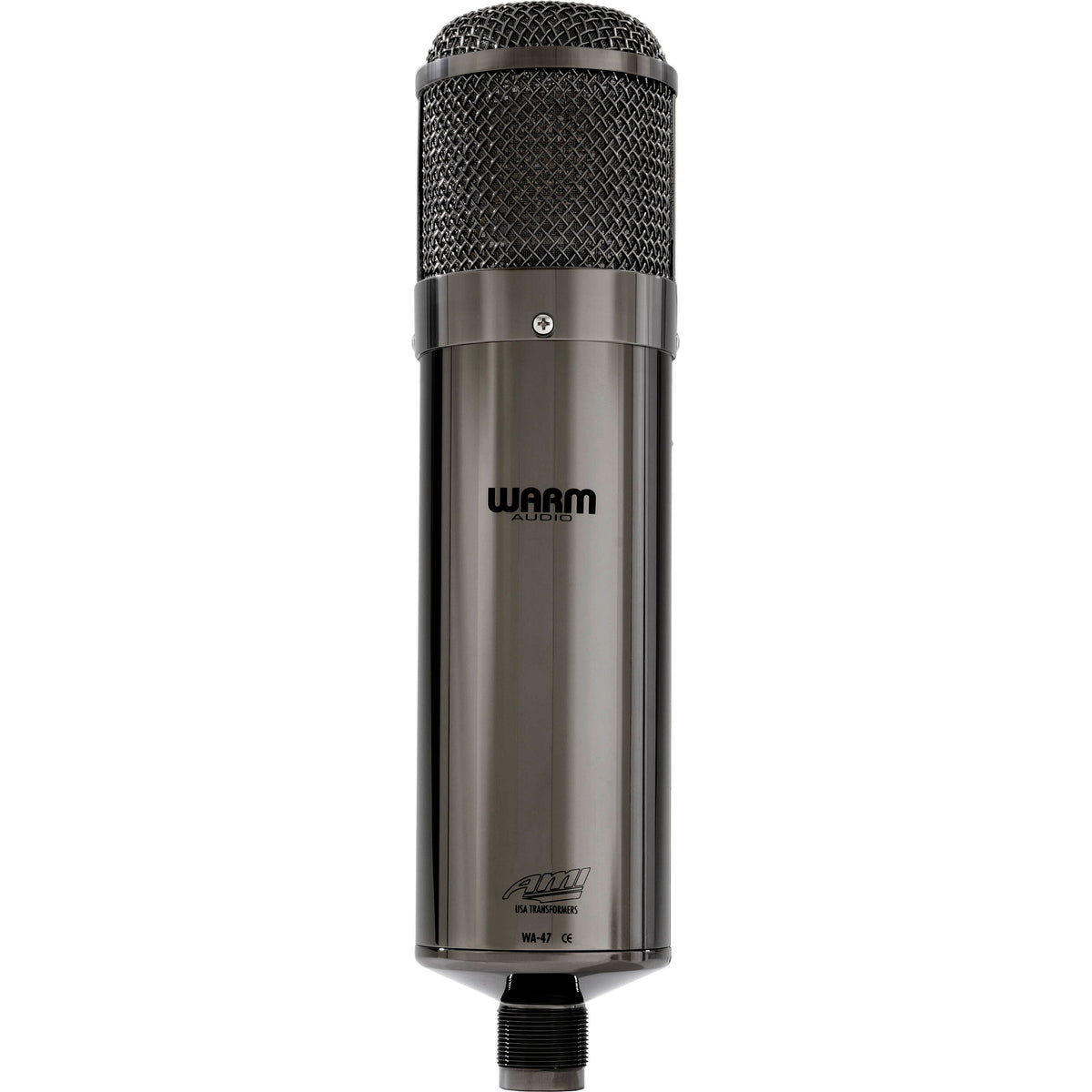 Warm Audio WA-47T condenser microphone shown from the front with silver grille and black body, ideal for studio recording.