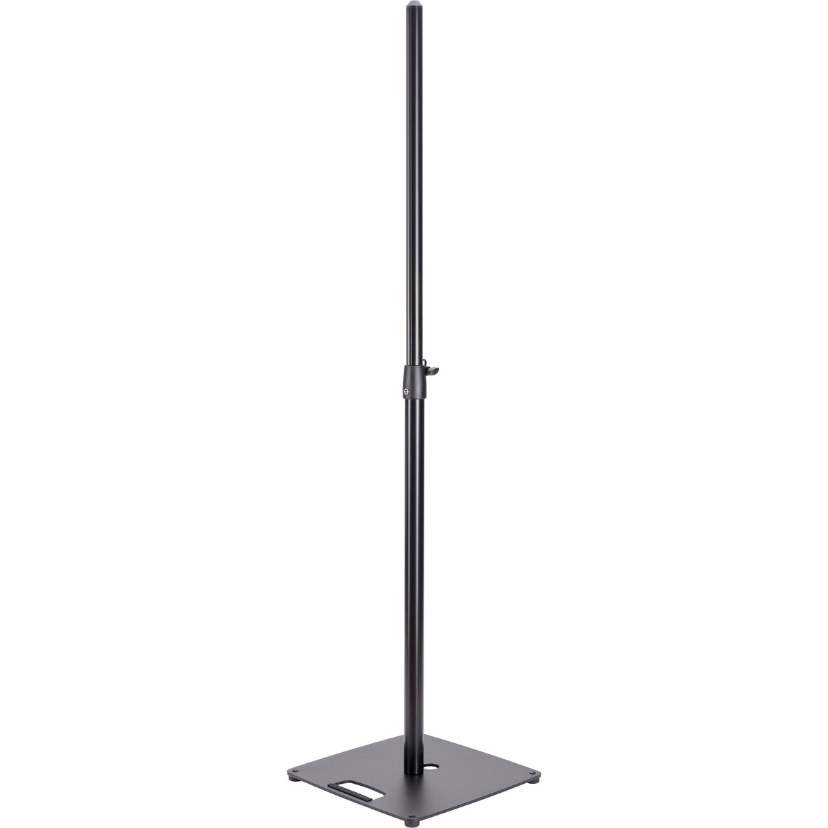 K&M 26731 PA speaker stands set up for audio equipment, with adjustable height and sturdy tripod base.