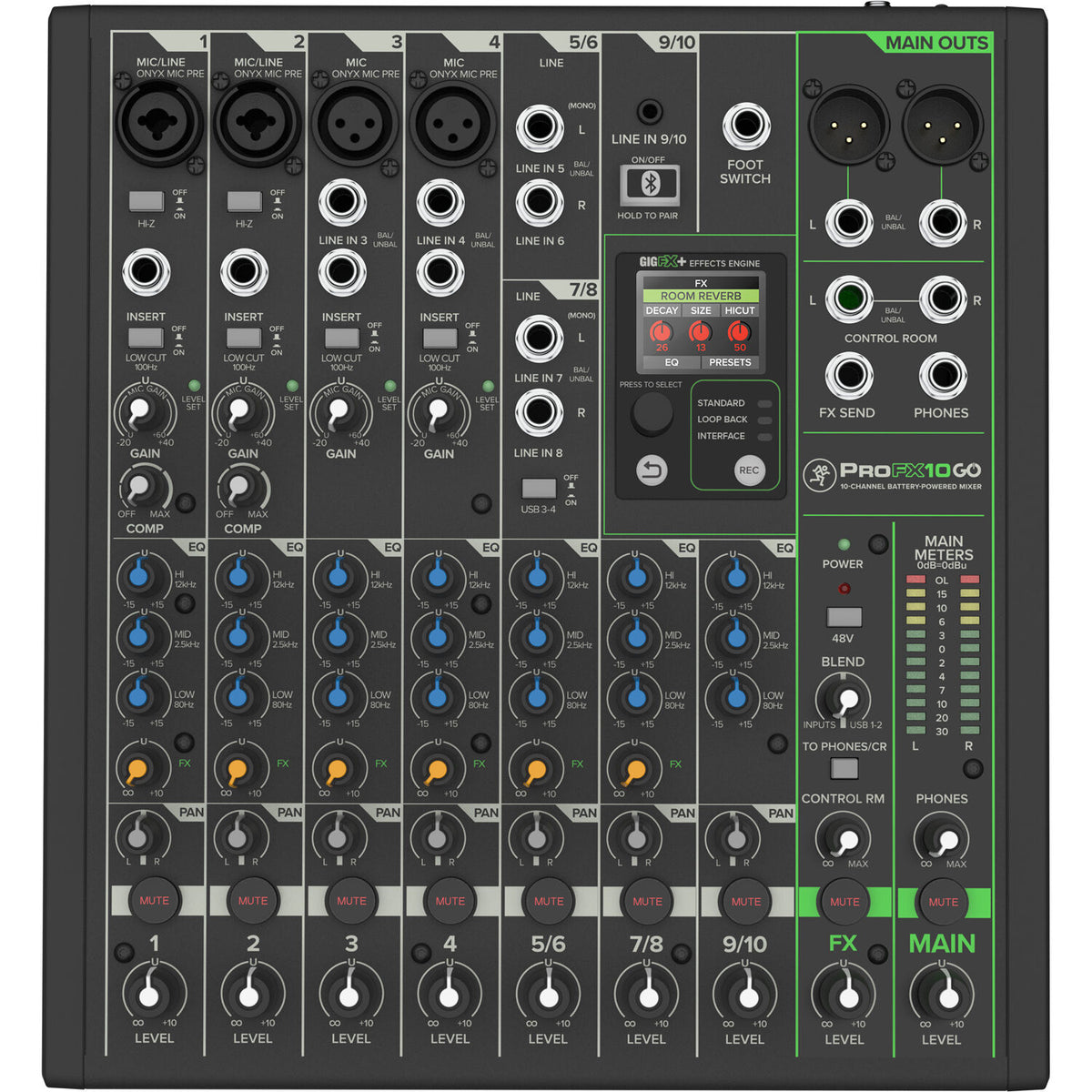 Mackie ProFX10 GO analog mixer with multiple input channels, knobs, and sliders for audio control.