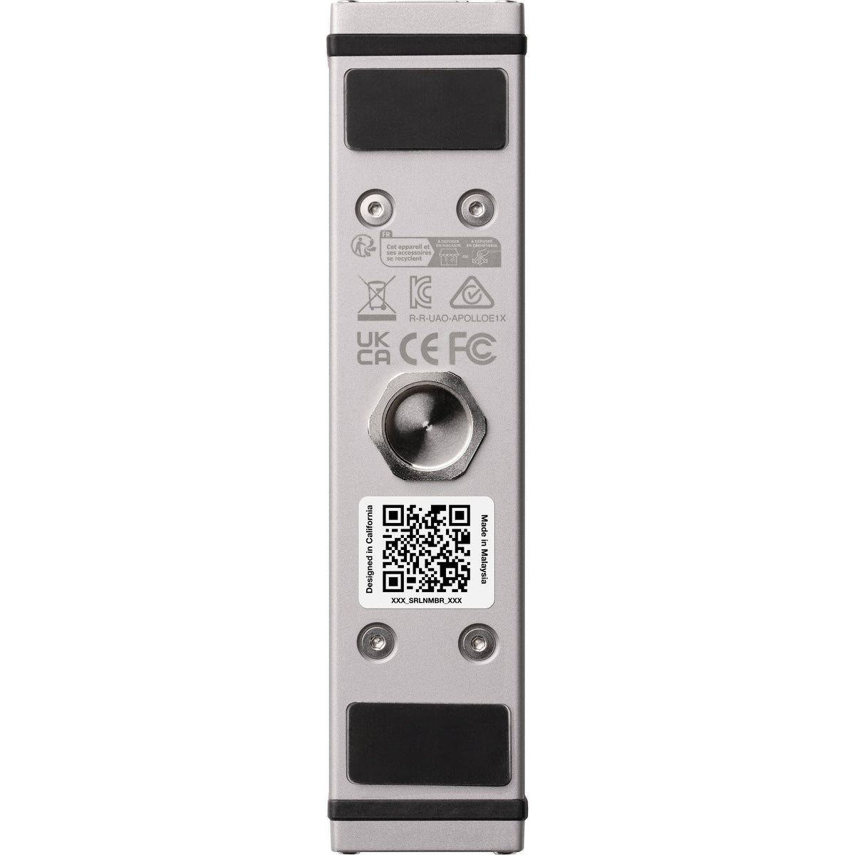 Universal Audio Apollo e1x microphone preamp with sleek design and multiple input options displayed on a wooden surface.