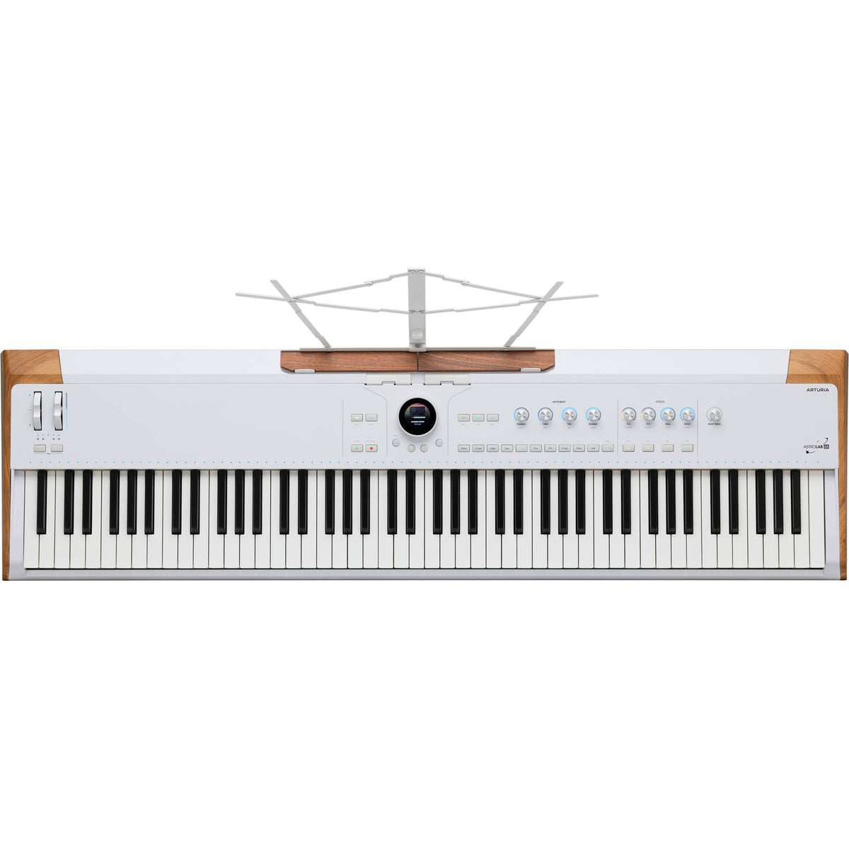 Arturia AstroLab 88 performance keyboard with black keys and modern design, showing the full keyboard layout and control panel.