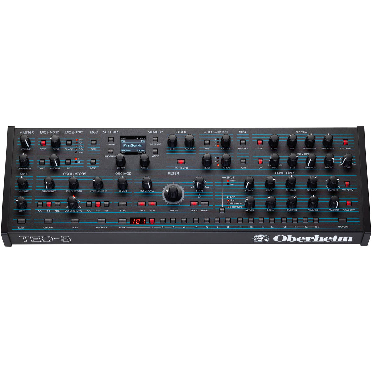 Oberheim TEO-5 desktop synthesizer with control knobs and colorful display, designed for music production and sound creation.