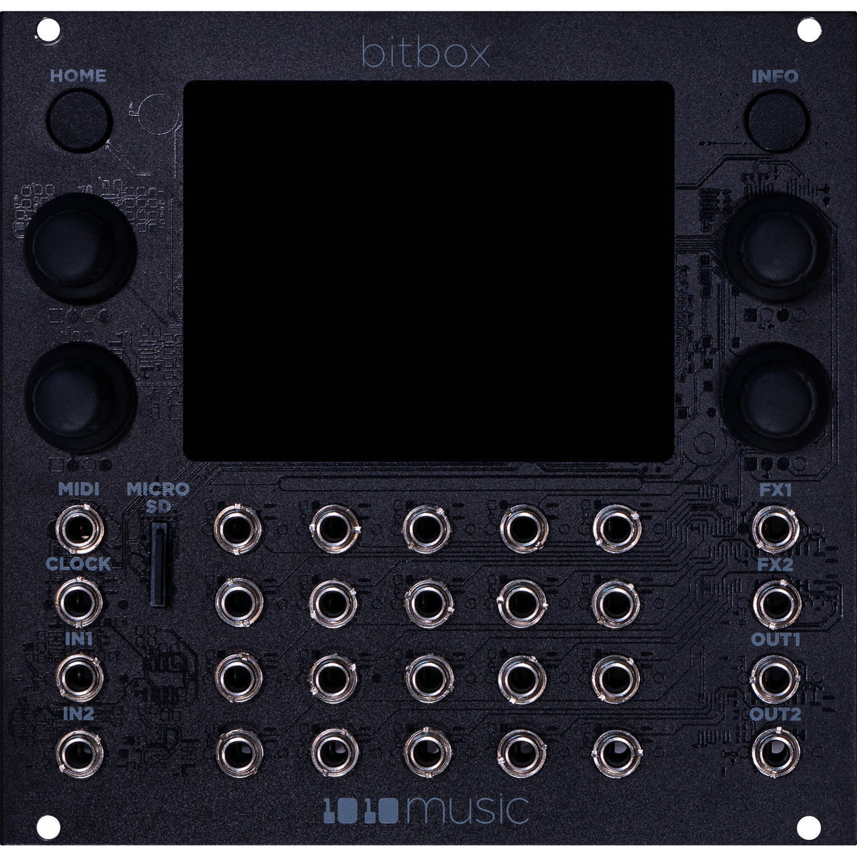 1010music Bitbox MK2 semi-modular synthesizer with colorful knobs, buttons, and patch points on a black panel, ready for music creation.