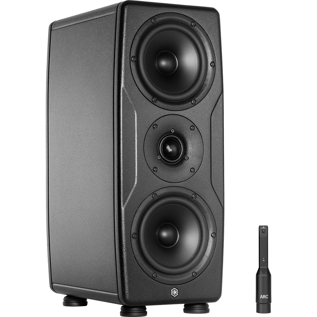 IK Multimedia iLoud Precision MTM MK2 active nearfield monitors shown with sleek black finish and detailed speaker drivers.