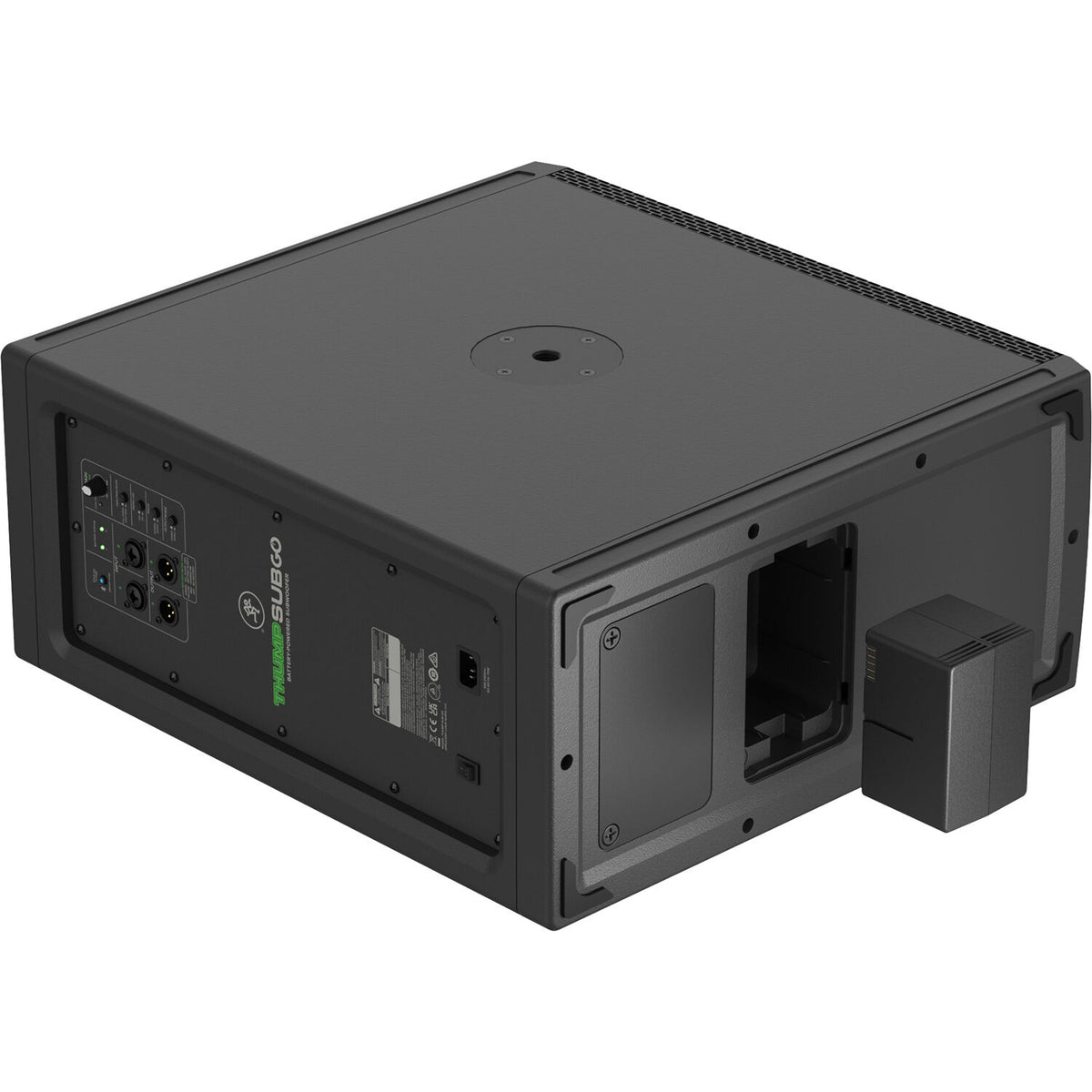 Mackie ThumpSub GO portable subwoofer with rugged design and control panel, designed for powerful bass in live sound setups.