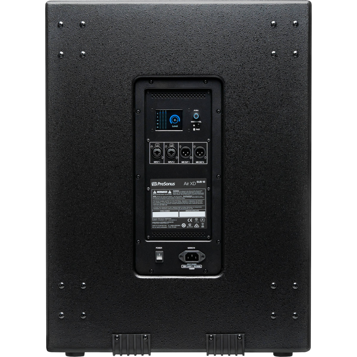 Presonus Air XD Sub 18 active subwoofer with large speaker driver and control panel, designed for powerful bass amplification.