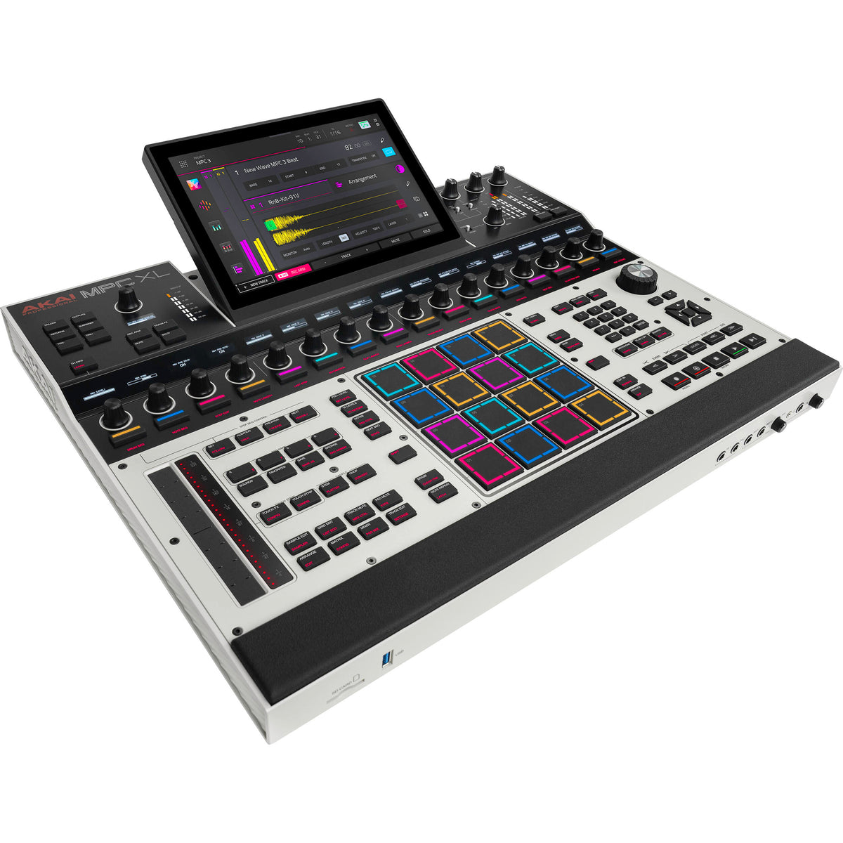 Akai Professional MPC XL drum machine and sampler with large pads, control knobs, and a display screen for music production.