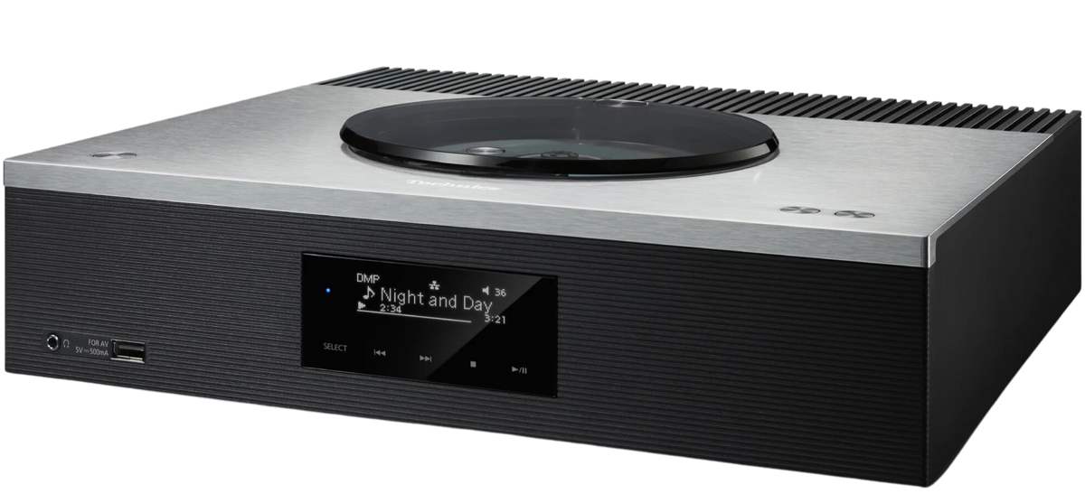 Technics SA-C600 stereo amplifier with control knobs, display screen, and input ports on a sleek black finish.