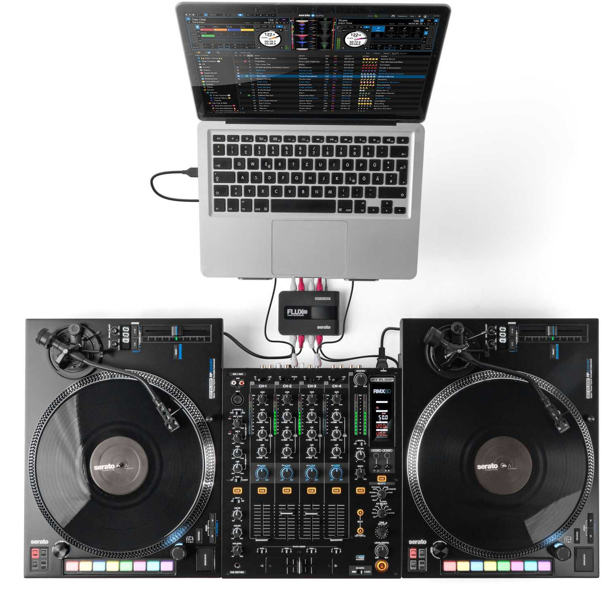 Reloop Flux Go USB audio interface with multiple input and output ports, compact design, and professional audio controls.