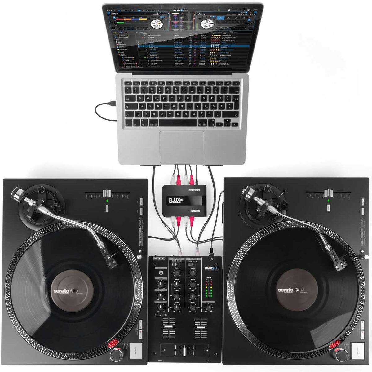 Reloop Flux Go USB audio interface with multiple input and output ports, compact design, and control knobs for music production.