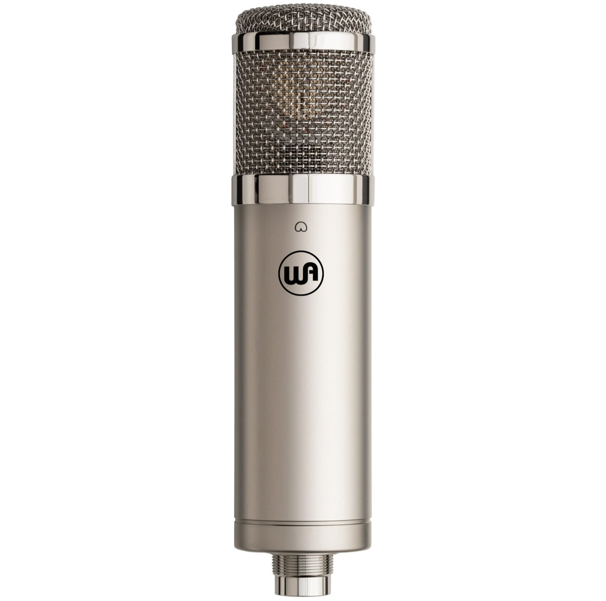 Warm Audio WA-47jr SE condenser microphone with nickel finish, front view showing microphone grille and branding.