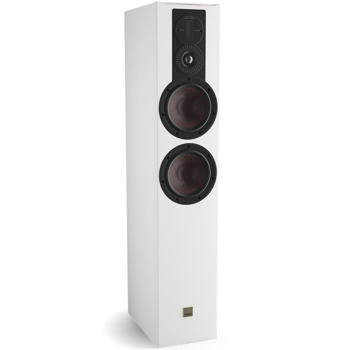 DALI Opticon 6 MK2 passive floorstanding speakers with white finish, showcasing sleek design and large drivers for high-quality sound.