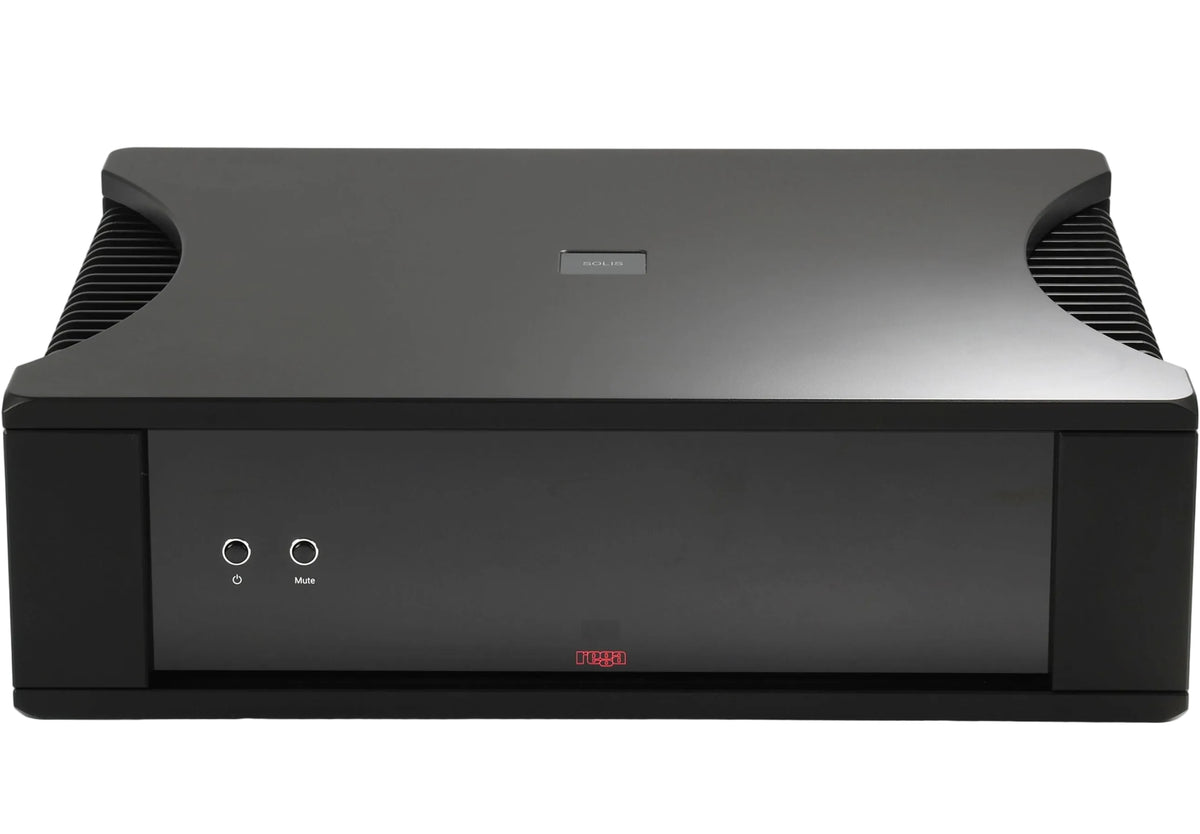 Rega Solis stereo amplifier showcasing sleek design and control knobs in a modern setup.