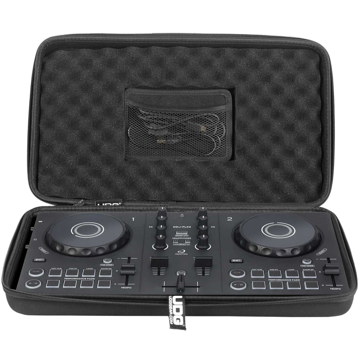 UDG Creator AlphaTheta DDJ-FLX2 black DJ hardcase showing sturdy exterior and secure handle for DJ equipment protection.