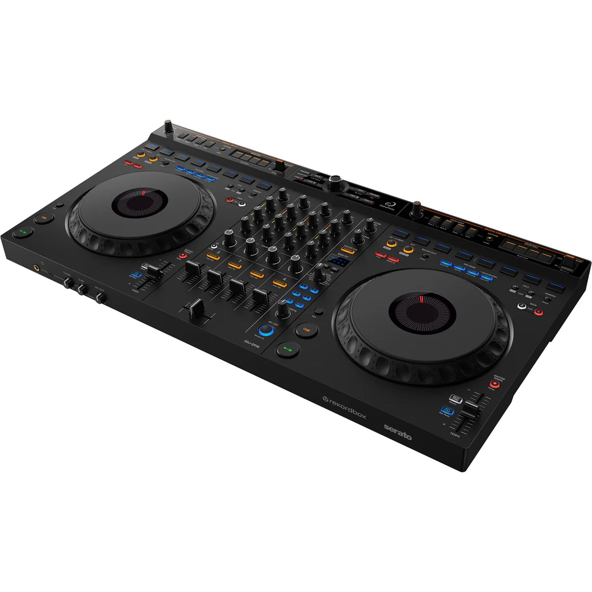 AlphaTheta DDJ-GRV6 DJ controller with jog wheels and control panels, designed for professional DJ performances.