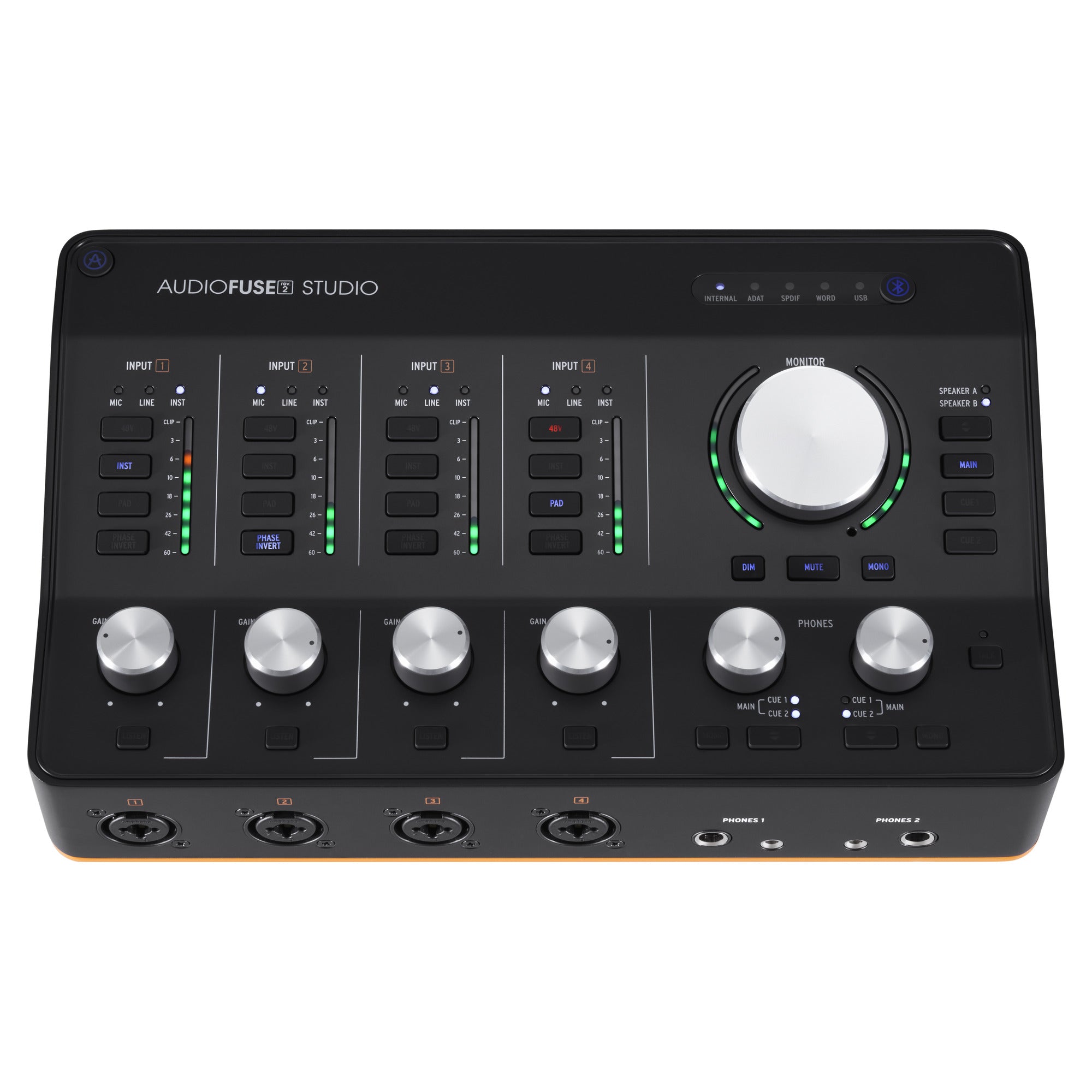 Arturia AudioFuse Studio Rev2 audio interface, top panel with four DiscretePRO preamp channels