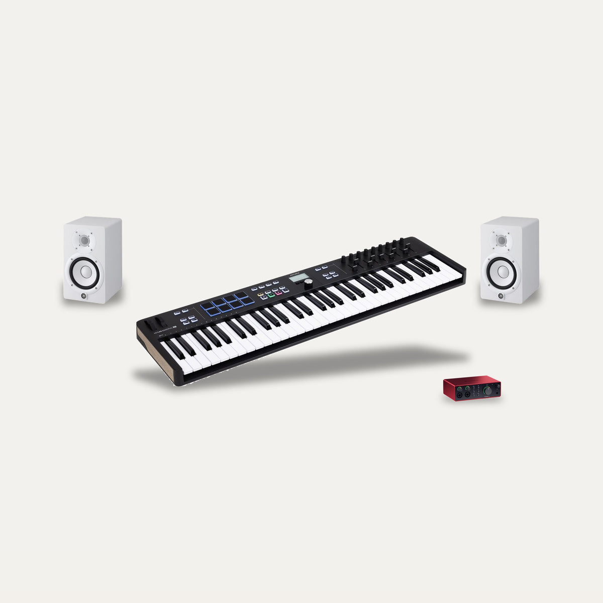 Arturia KeyLab Essential 61 MK3 + Focusrite Scarlett 4i4 + Yamaha HS5 Producer Set – Keyboard Colour Black, Monitor Colour White