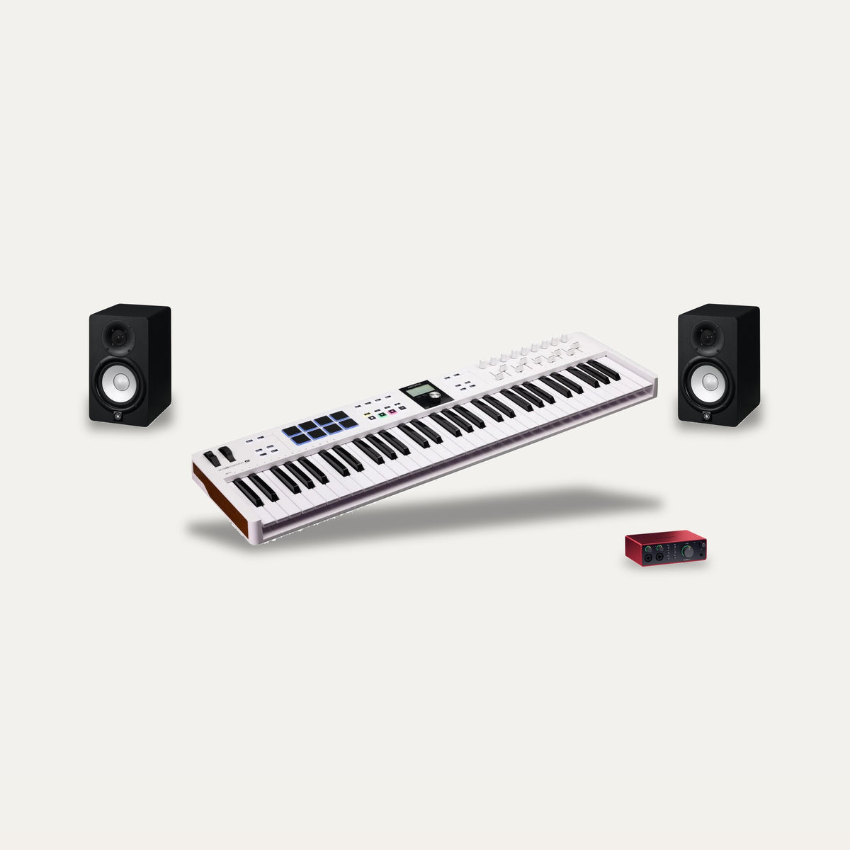 Arturia KeyLab Essential 61 MK3 + Focusrite Scarlett 4i4 + Yamaha HS5 Producer Set – Keyboard Colour White, Monitor Colour Black