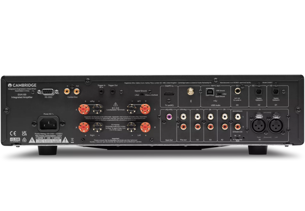 Cambridge Audio EXA100 integrated stereo amplifier, black, front view