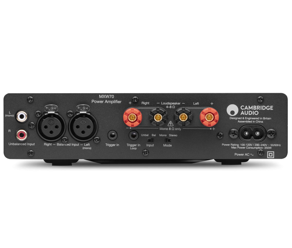 Cambridge Audio MXW70 stereo amplifier, lunar grey, back view