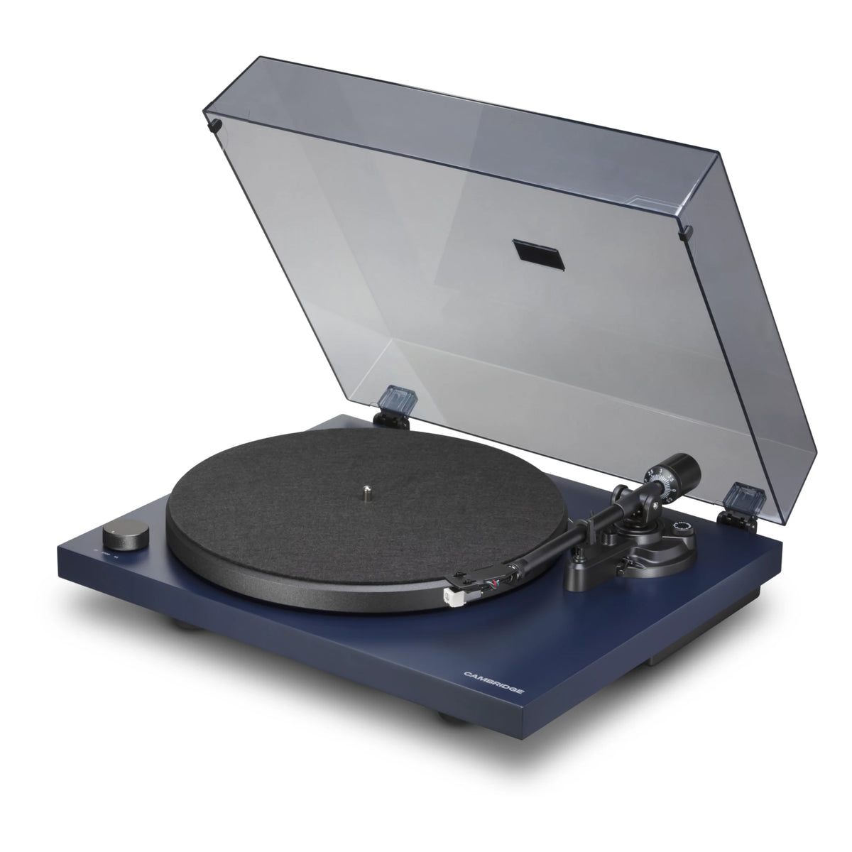 Cambridge Audio Spira turntable in Blue, front three-quarter view with dust cover open